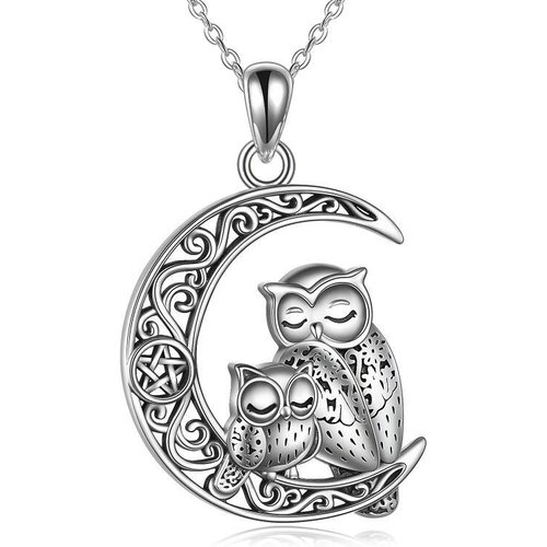 Sterling Silver Owl & Moon With Pentagram Pendant Necklace For Women
