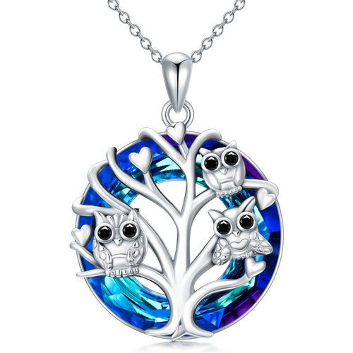 Sterling Silver Owl on Tree Of Life Blue Crystal Pendant Necklace