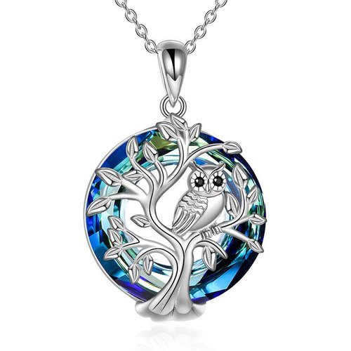 Sterling Silver Owl & Tree Of Life Crystal Pendant Necklace
