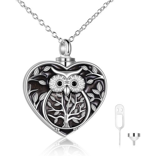 Sterling Silver Owl With Tree Of Life With Heart Urn Necklace For Ashes With Engraved Word For Women Best Friend