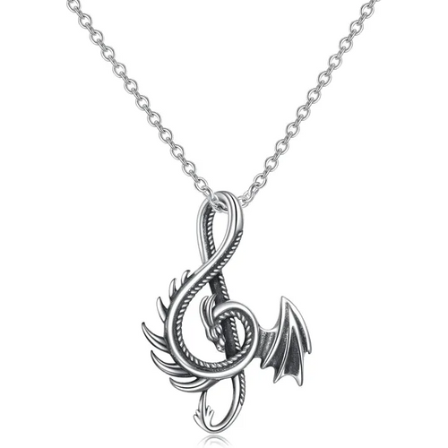 Sterling Silver Oxidized Dragon & Musical Note Pendant Necklace