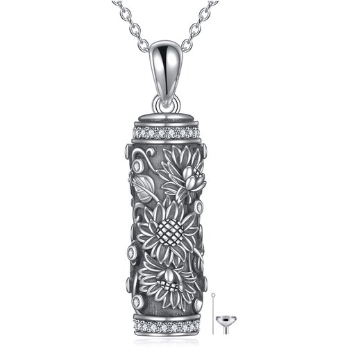 Sterling Silver Oxidized Round Zircon Sunflower Urn Necklace for Ashes