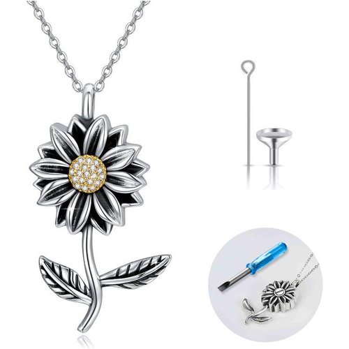 Sterling Silver Oxidized Cubic Zirconia Sunflower Urn Necklace for Ashes
