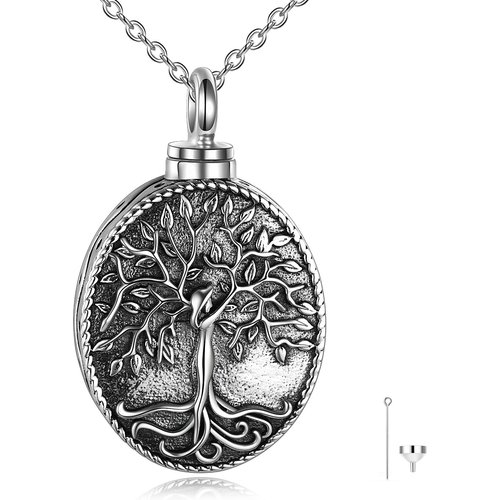 Sterling Silver Oxidized Tree Of Life Urn Necklace for Ashes with Engraved Word