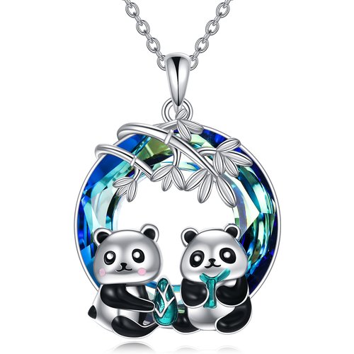 Sterling Silver Panda & Bamboo Crystal Pendant Necklace