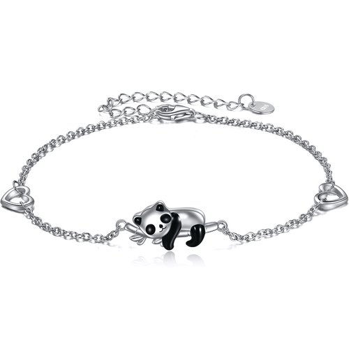 Sterling Silver Panda & Bamboo & Heart Charm Bracelet