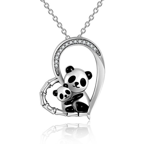 Sterling Silver Cubic Zirconia Panda & Electrocardiogram Pendant Necklace