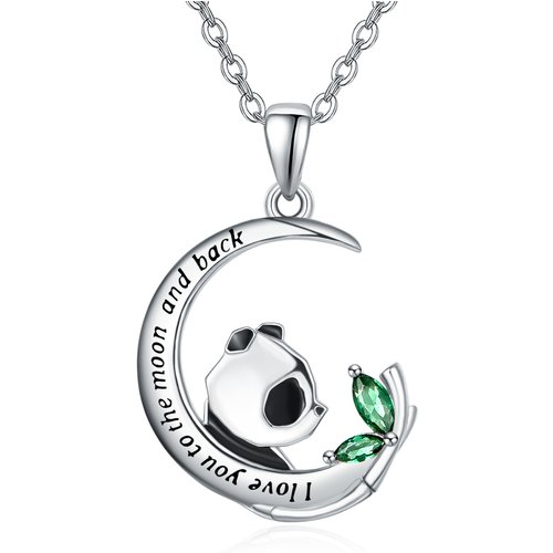 Sterling Silver Cubic Zirconia Panda & Moon Pendant Necklace