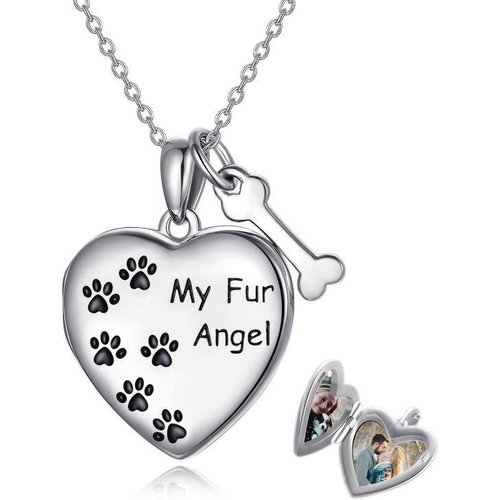 Sterling Silver Paw & Bone Heart Personalized Photo Locket Necklace