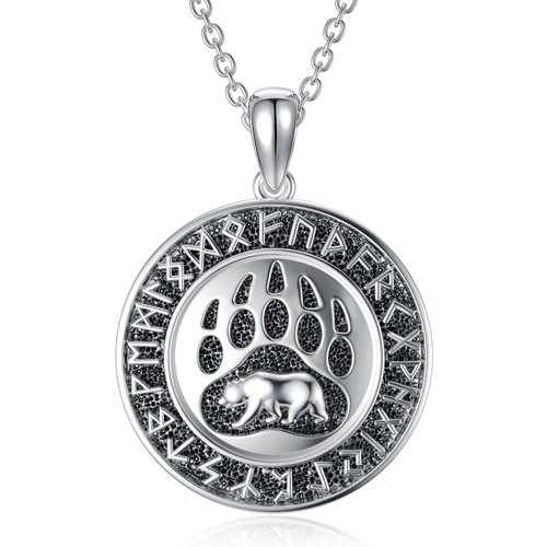 Sterling Silver Paw & Polar Bear With Viking Rune Pendant Necklace For Men