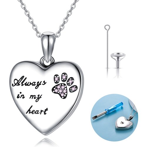 Sterling Silver Cubic Zirconia Paw Urn Necklace for Ashes with Engraved Word