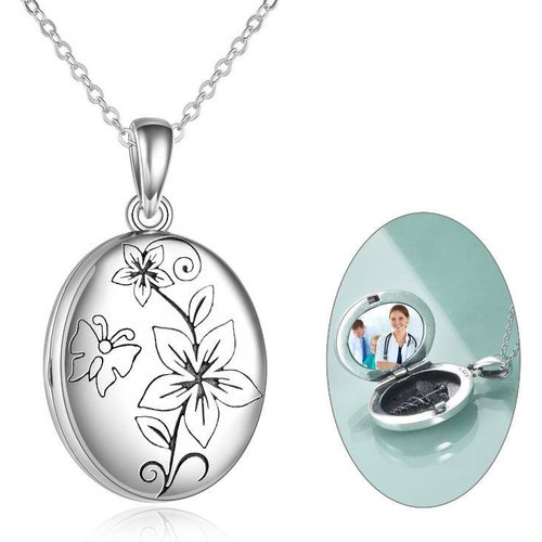 Sterling Silver Peach Blossom Personalized Photo Locket Necklace