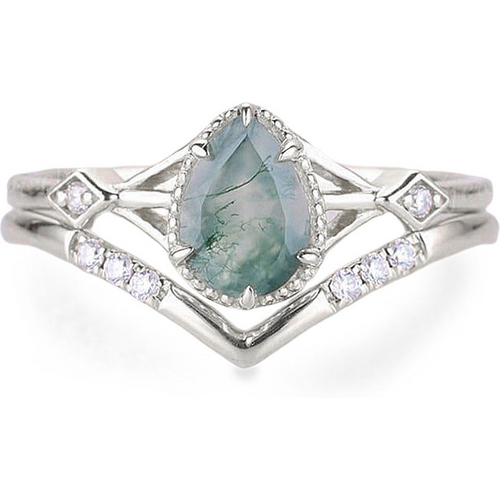 Sterling Silver Pear Cut Moss Agate Engagement Ring Embellished with Moissanite