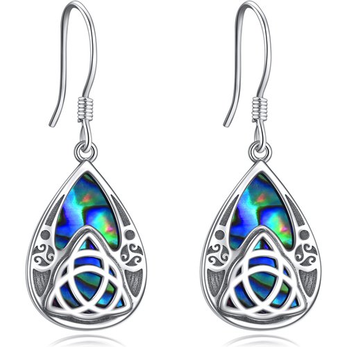 Sterling Silver Pear Shaped Abalone Shellfish Celtic Knot & Drop Shape Drop Earrings