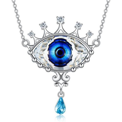 Sterling Silver Pear Shaped Crystal Evil Eye Pendant Necklace