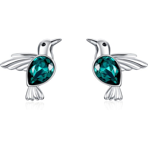 Sterling Silver Pear Shaped Crystal Hummingbird Stud Earrings