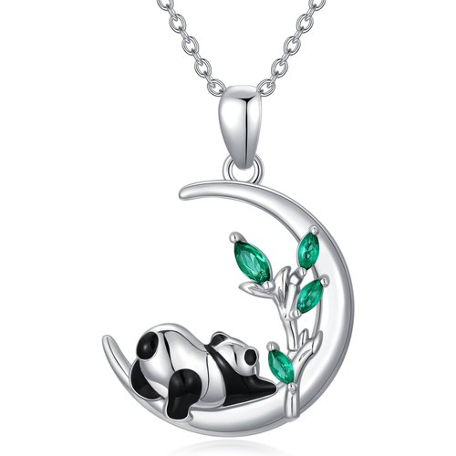 Sterling Silver Pear Shaped Crystal Panda & Moon Pendant Necklace