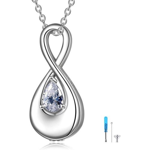 Sterling Silver Pear Shaped Cubic Zirconia Infinite Symbol Urn Necklace for Ashes with Engraved Word