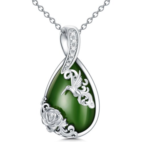 Sterling Silver Pear Shaped Jade Hummingbird & Rose Pendant Necklace