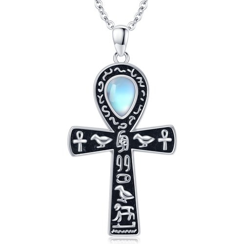 Sterling Silver Pear Shaped Moonstone Ankh Pendant Necklace