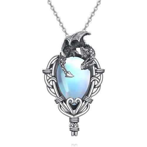 Sterling Silver Pear Shaped Moonstone Dragon Pendant Necklace