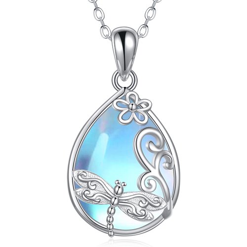 Sterling Silver Pear Shaped Moonstone Dragonfly Pendant Necklace
