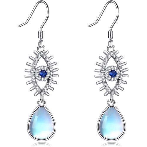 Sterling Silver Pear Moonstone Evil Eye Drop Earrings For Women