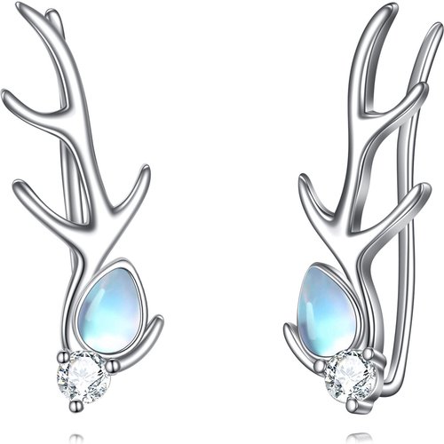 Sterling Silver Pear Shaped Moonstone Elk Climber Earrings