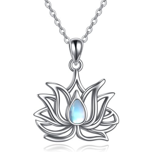 Sterling Silver Pear Shaped Moonstone Lotus Pendant Necklace