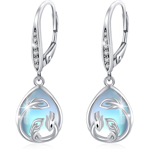 Sterling Silver Pear Shaped Moonstone Phoenix & Drop Shape Lever-back Earrings