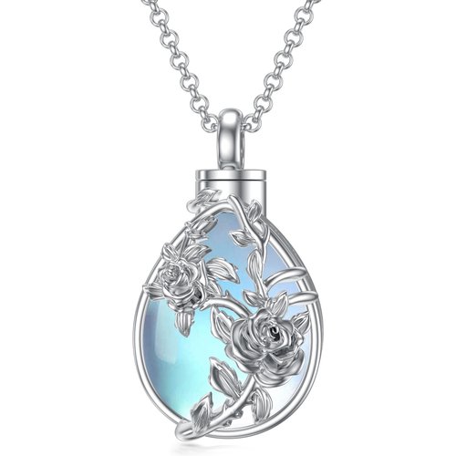 Sterling Silver Pear Shaped Moonstone Rose & Drop Shape Urn Necklace for Ashes