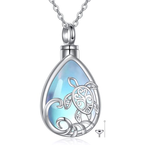 Sterling Silver Pear Shaped Moonstone Sea Turtle Urn Necklace for Ashes