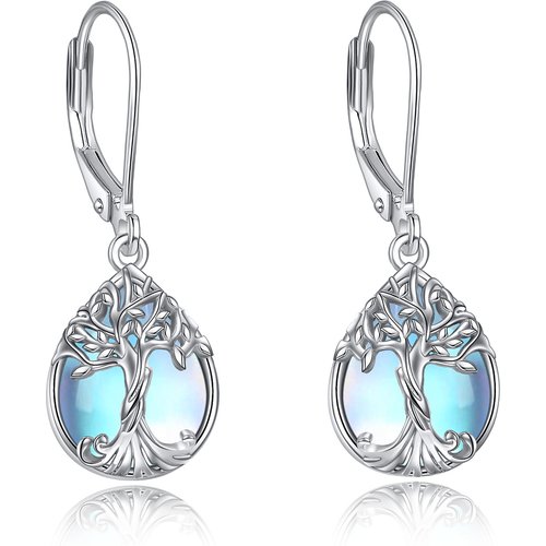 Sterling Silver Pear Shaped Moonstone Tree Of Life Lever-back Earrings
