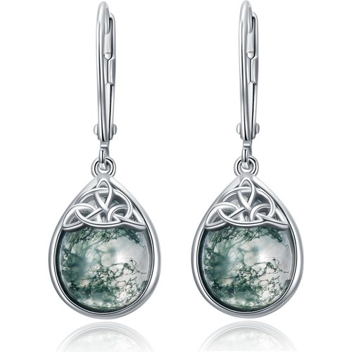 Sterling Silver Pear Shaped Moss Agate Celtic Knot & Drop Shape Lever-back Earrings