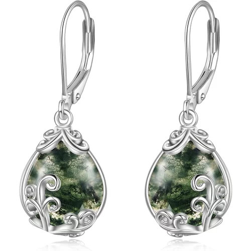 Sterling Silver Pear Shaped Moss Agate Drop Shape Lever-back Earrings