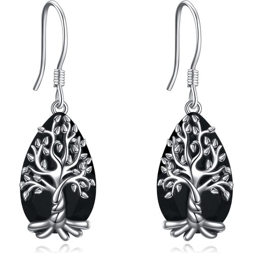 Sterling Silver Pear Shaped Obsidian Tree Of Life Drop Earrings