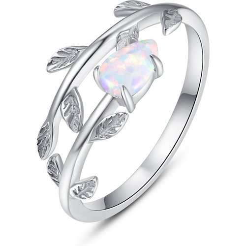 Sterling Silver Pear Shaped Opal Leaves Open Ring