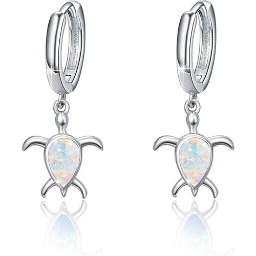 Sterling Silver Pear Shaped Opal Sea Turtle Drop Earrings