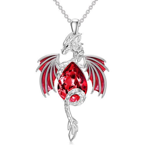 Sterling Silver Pear Shaped Ruby Dragon Crystal Pendant Necklace