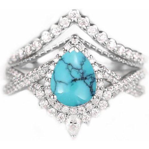 Sterling Silver Pear Shaped Turquoise Personalized Engraving & Couple Engagement Ring