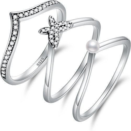 Sterling Silver Cubic Zirconia & Pearl Butterfly Stackable Ring