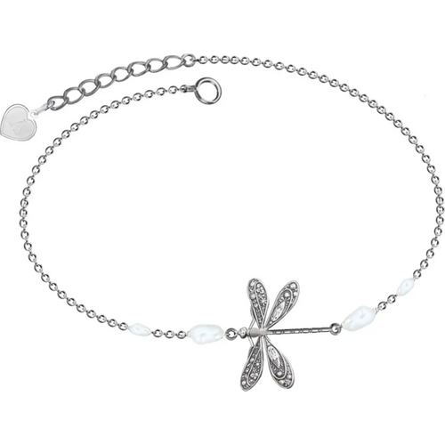 Sterling Silver Pearl Dragonfly Single Layer Charm Anklet