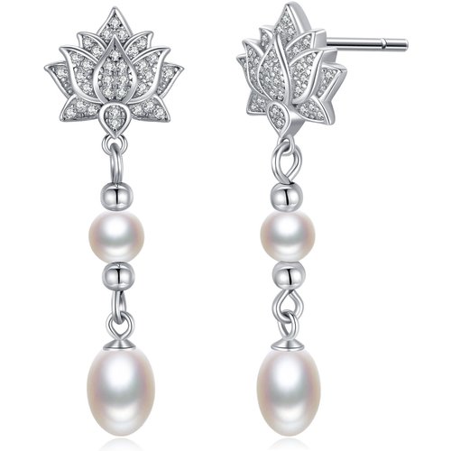 Sterling Silver Oval Pearl Lotus Drop Earrings for Women