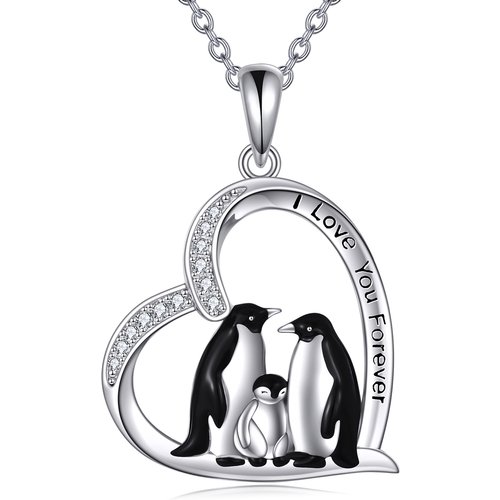 Sterling Silver Penguin Family Heart Pendant Necklace with Engraved Word