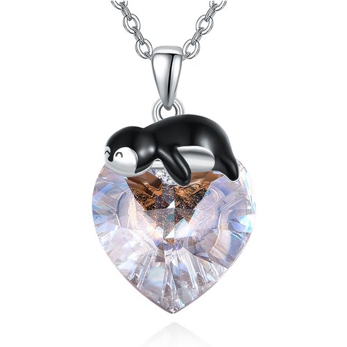 Sterling Silver Penguin & Heart Crystal Pendant Necklace