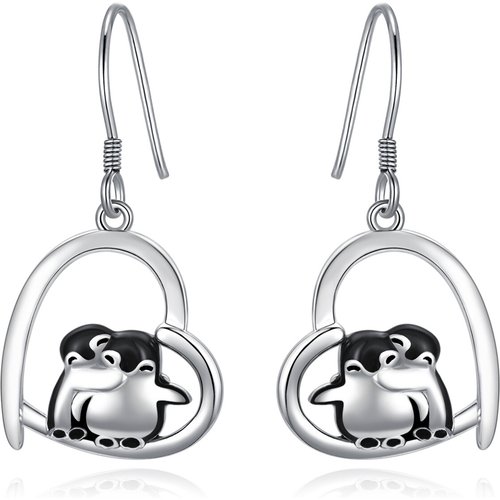 Sterling Silver Penguin & Heart Drop Earrings
