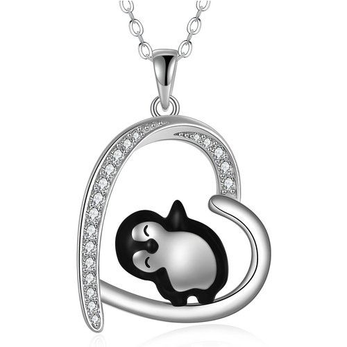 Sterling Silver Cubic Zirconia Penguin & Heart Pendant Necklace