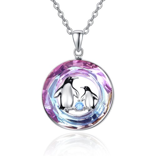 Sterling Silver Penguin Mom & Child Purple Crystal Pendant Necklace