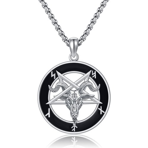Sterling Silver Pentagram & Satanic Goat Pendant Necklace for Men