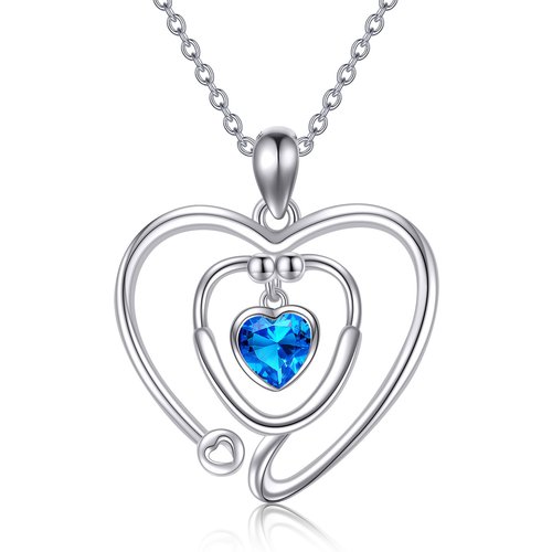 Sterling Silver Cubic Zirconia Personalized Birthstone & Heart & Stethoscope Pendant Necklace